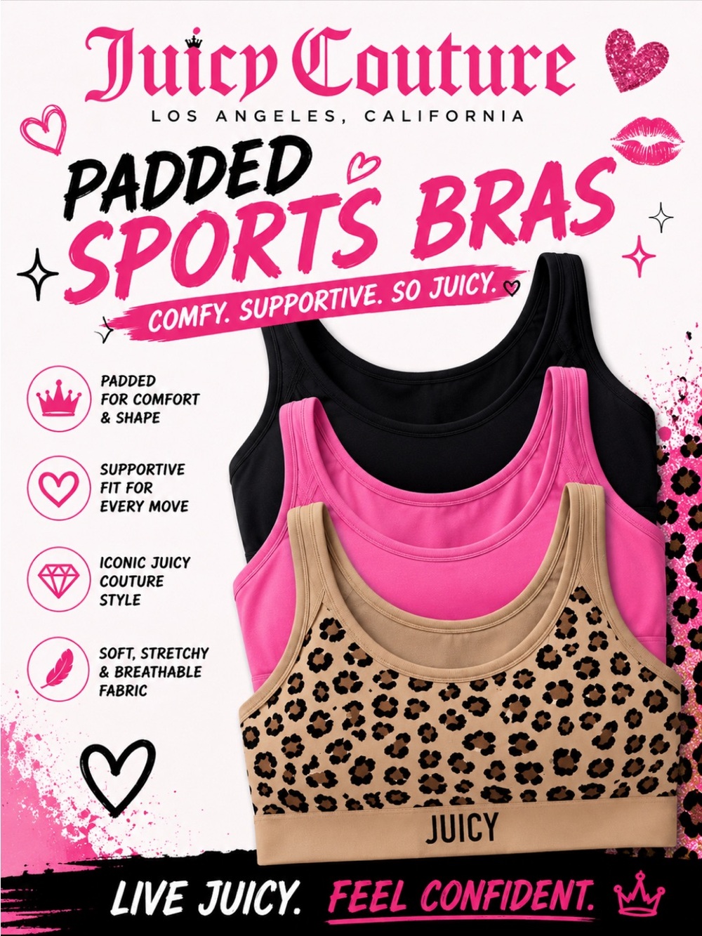 New XL Juicy Couture Padded Sports Bra - Leopard, Pink & Black